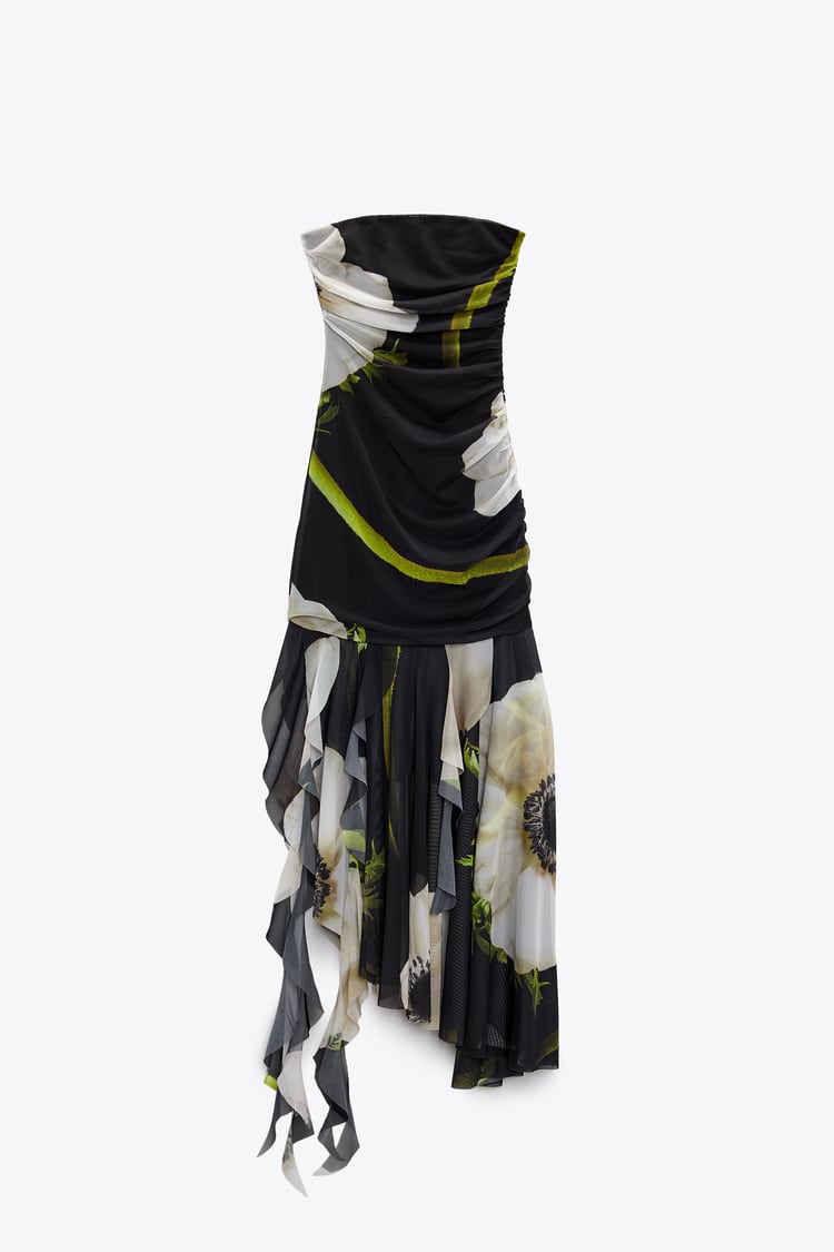 Floral Print Mesh Strapless High Low Midi Dress - View 6