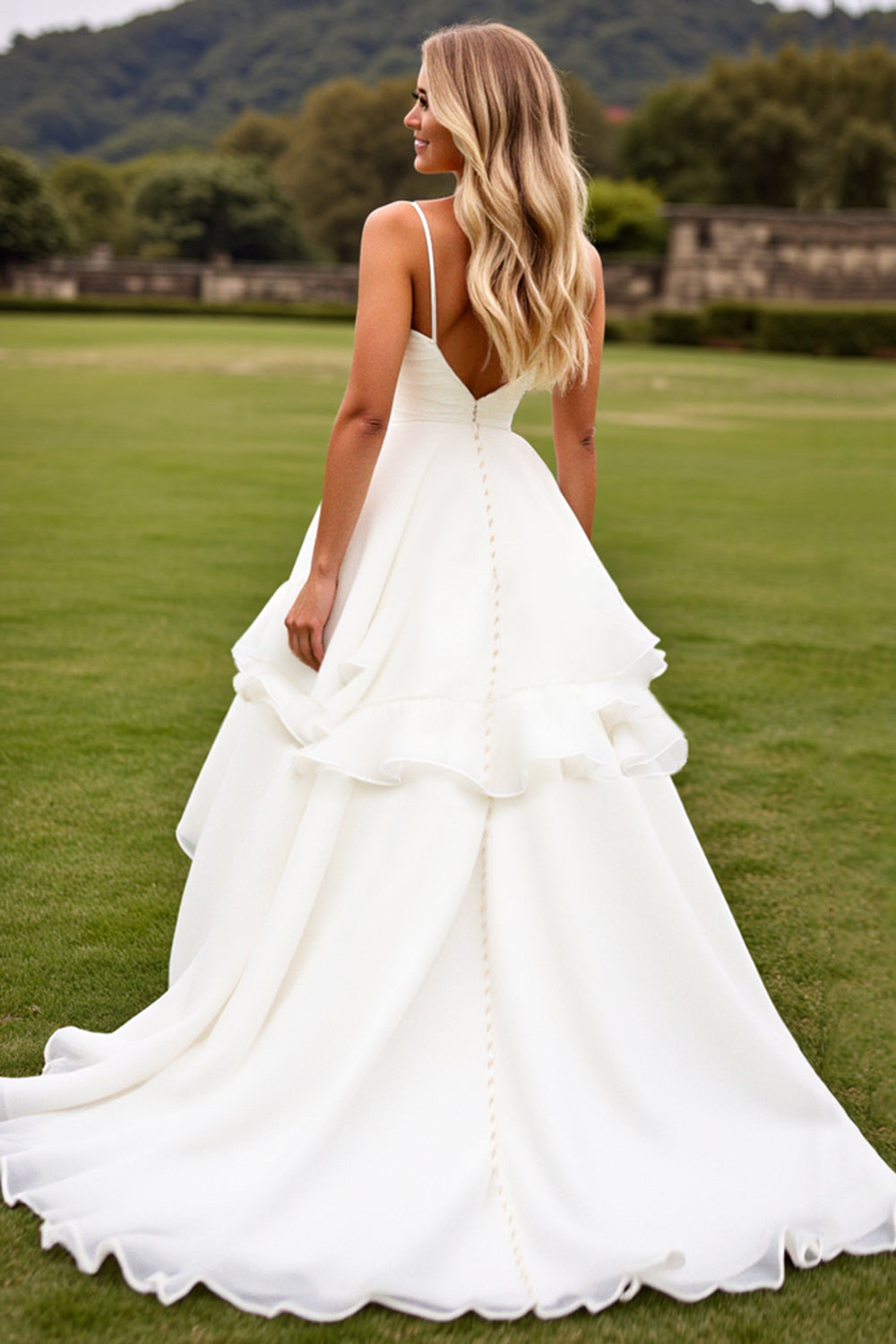 Ruffled A Line Ivory Sleeveless Long Wedding Dress