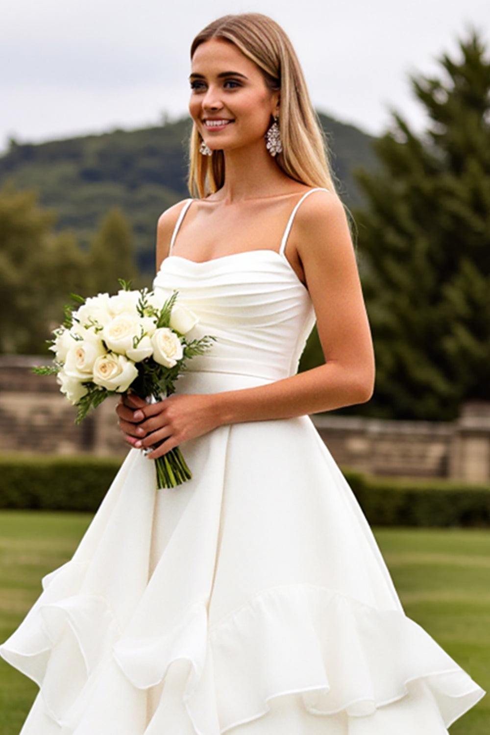 Ruffled A Line Ivory Sleeveless Long Wedding Dress