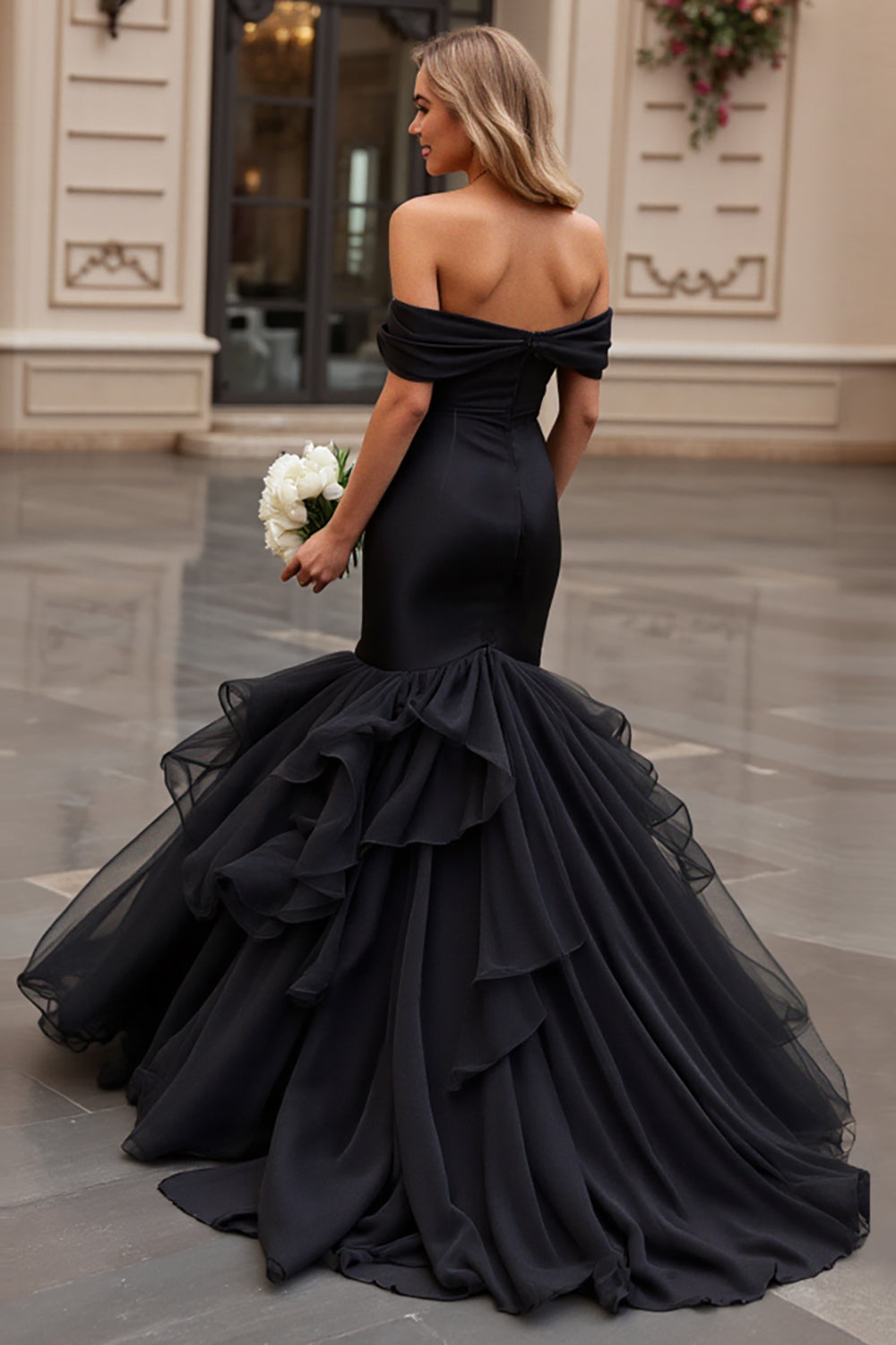 Ruffled Mermaid Off The Shoulder Black Wedding Dress