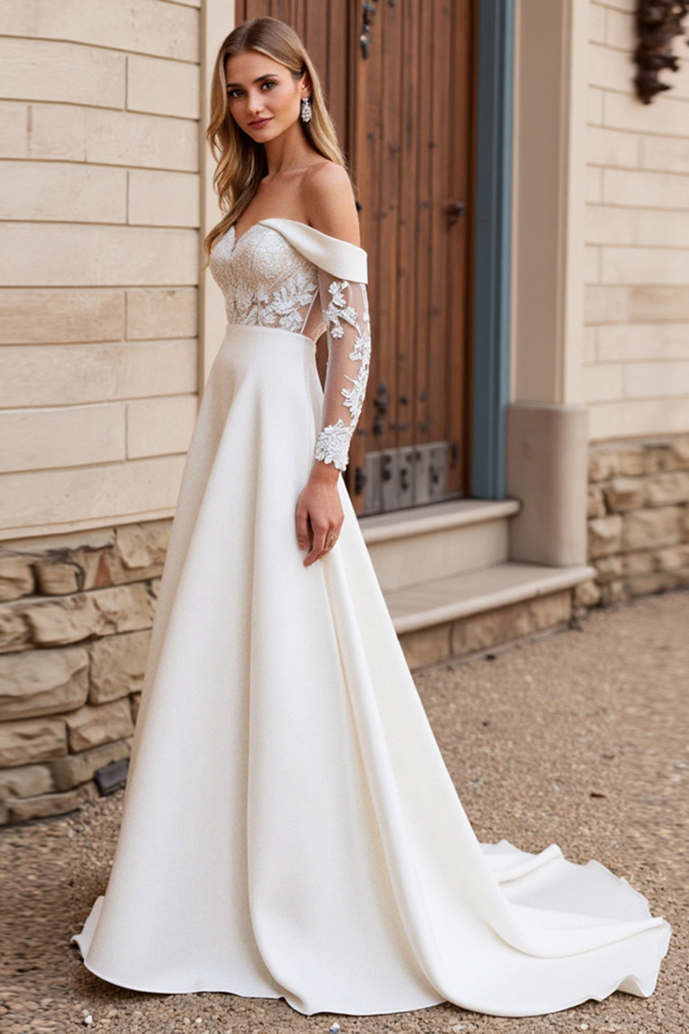 Lace Ivory Off the Shoulder A Line Wedding Dress