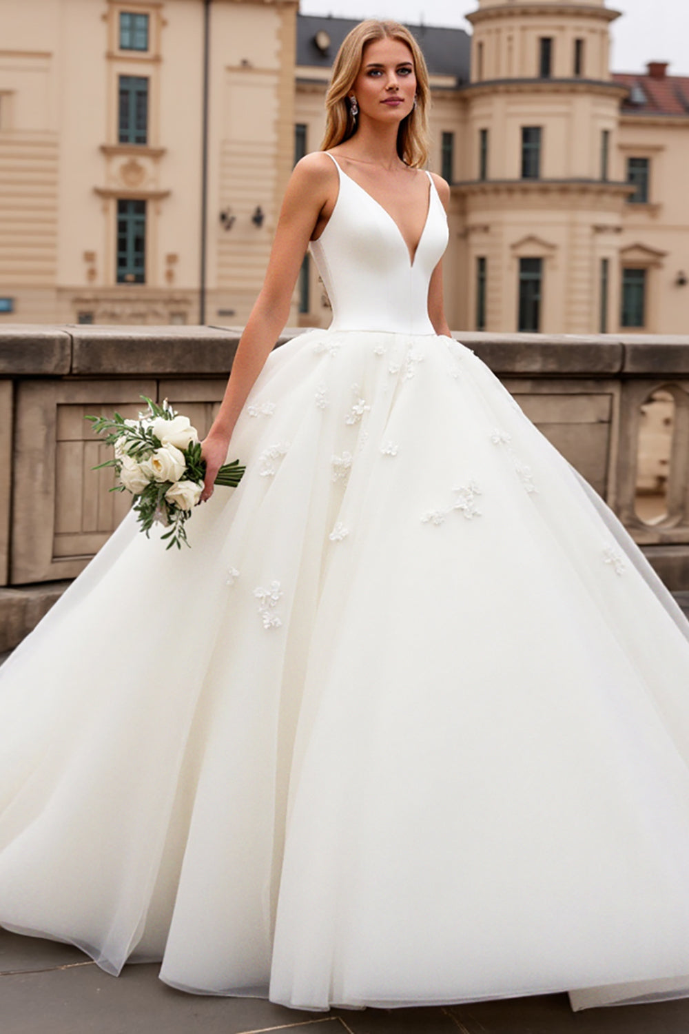 Ivory A-Line Spaghetti Straps Tulle Bridal Dress - Fashionpara