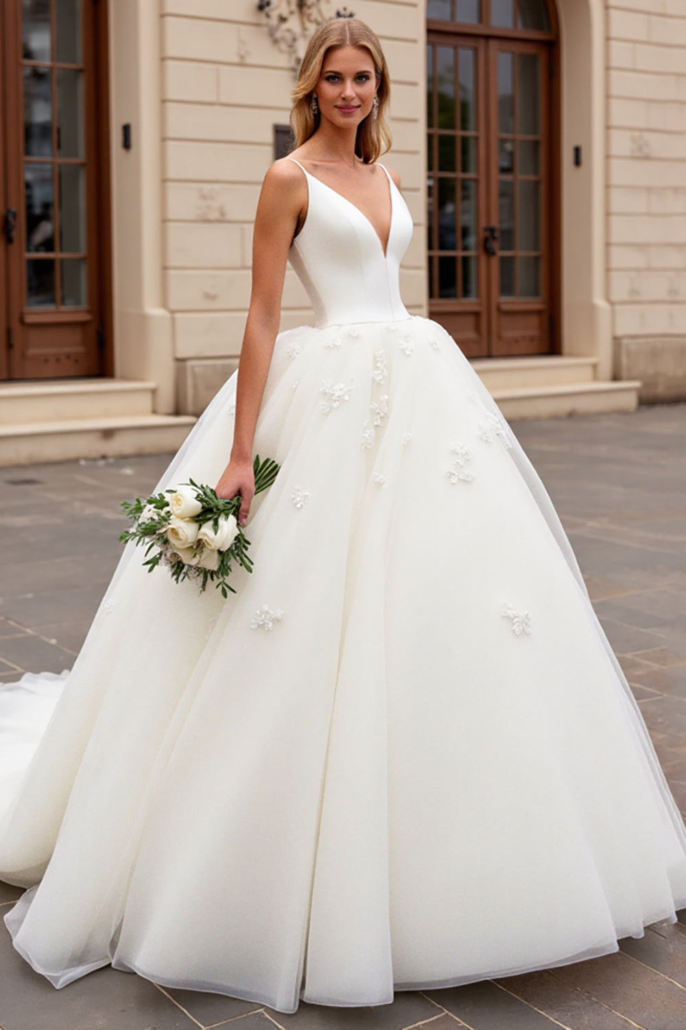 Ivory A-Line Spaghetti Straps Tulle Bridal Dress - Fashionpara
