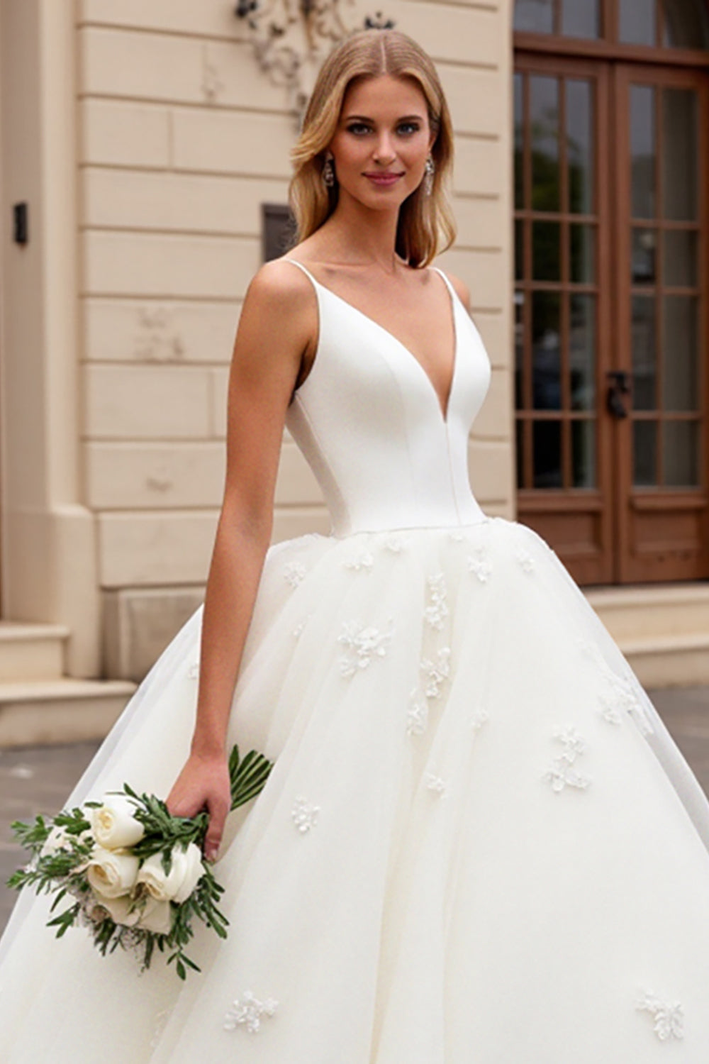 Ivory A-Line Spaghetti Straps Tulle Bridal Dress - Fashionpara