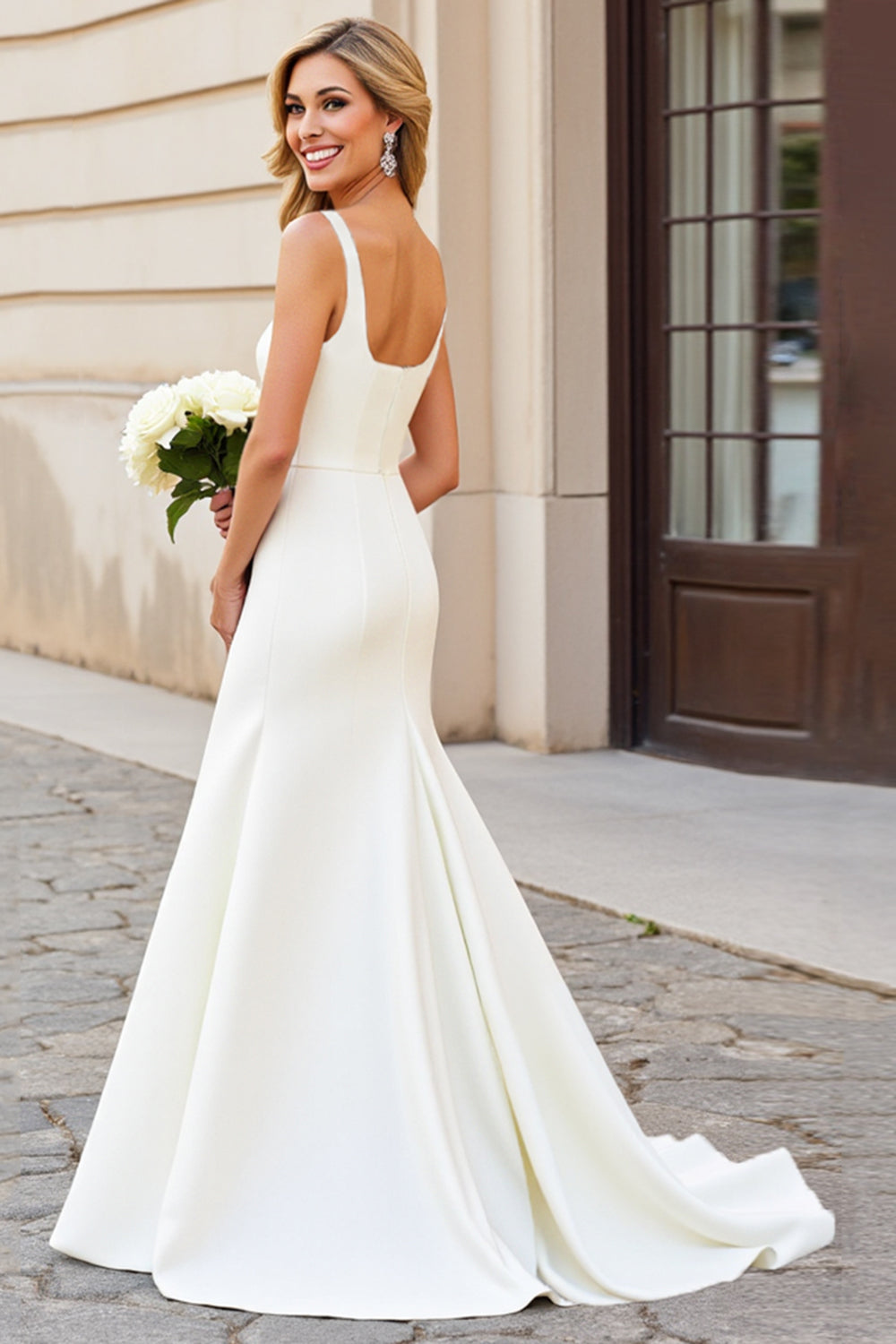White Mermaid Square Neck Satin Long Bridal Dress