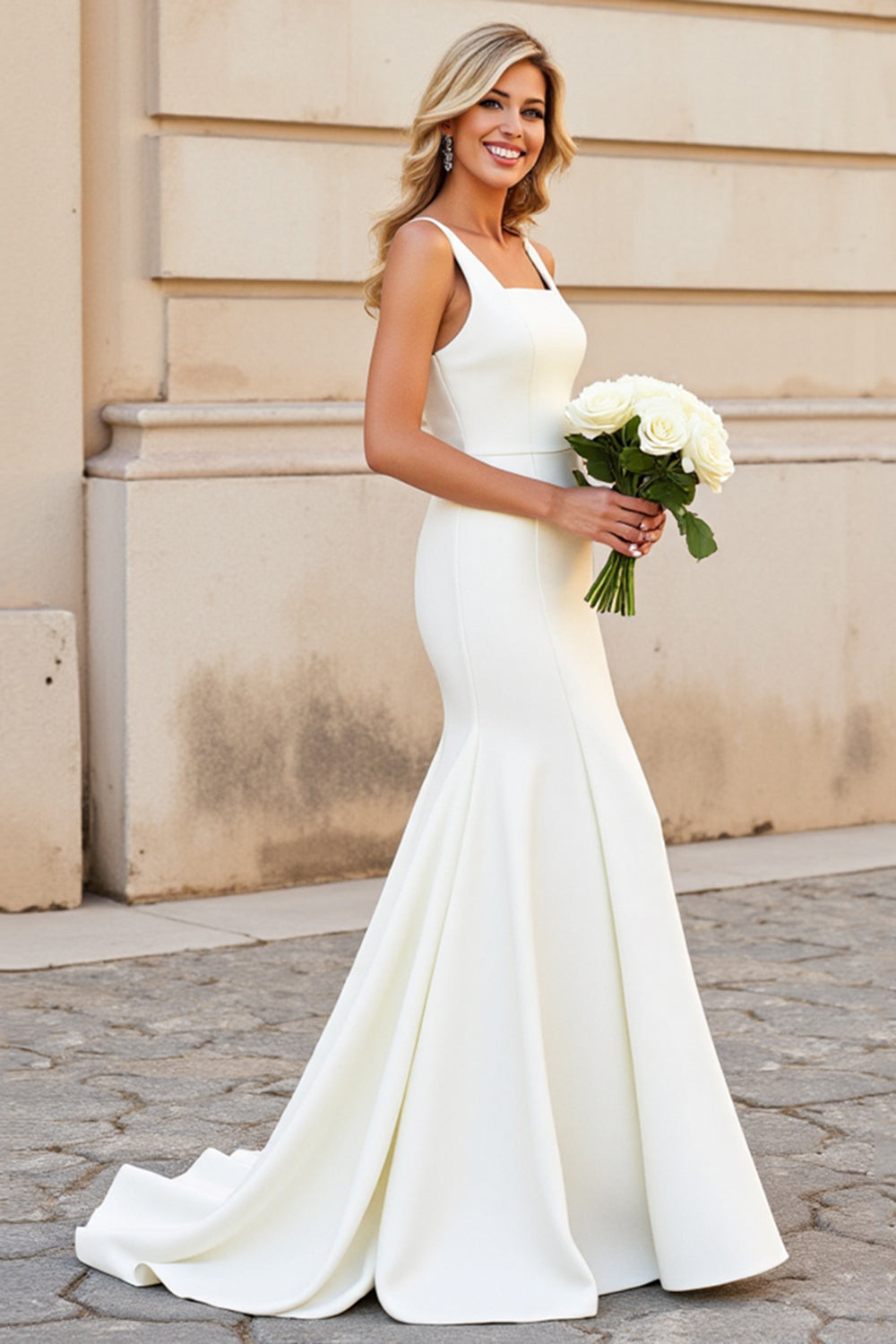 White Mermaid Square Neck Satin Long Bridal Dress