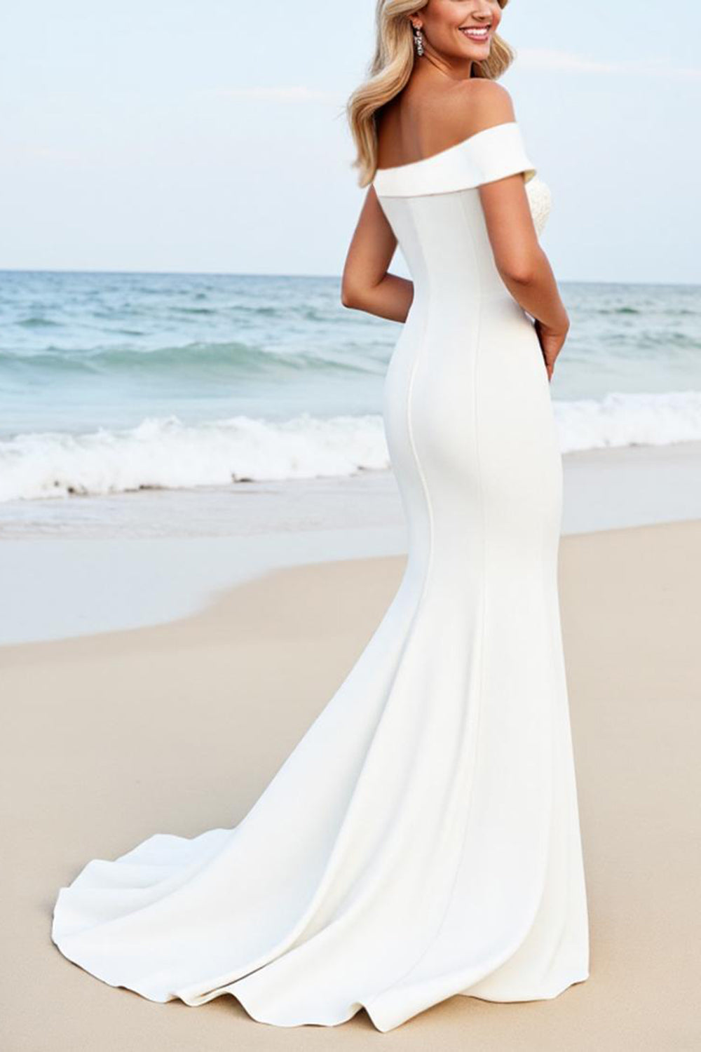 White Mermaid One Shoulder Satin Long Bridal Dress With Appliques