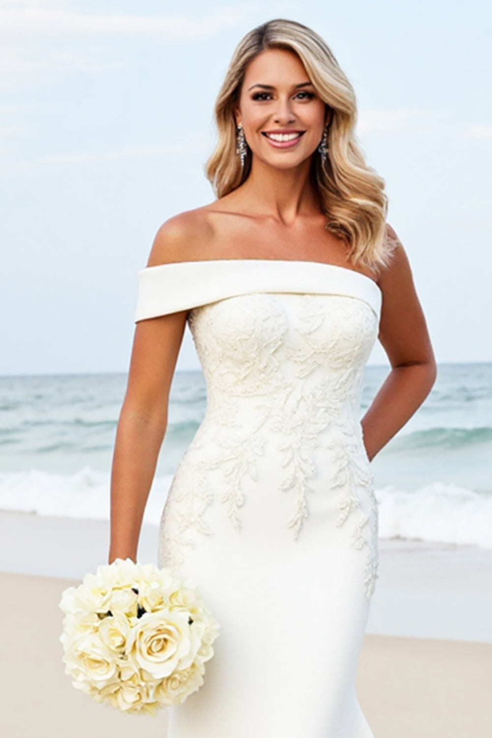 White Mermaid One Shoulder Satin Long Bridal Dress With Appliques