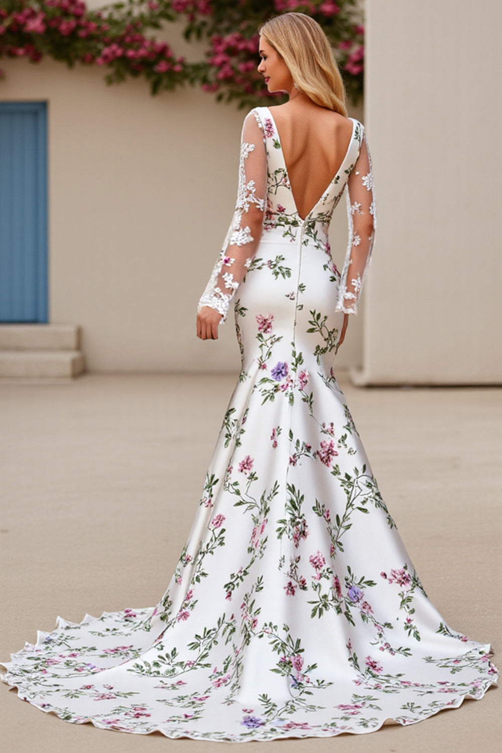 Ivory Flower Mermaid Square Neck Long Sleeves Bridal Dress with Lace - Fashionpara