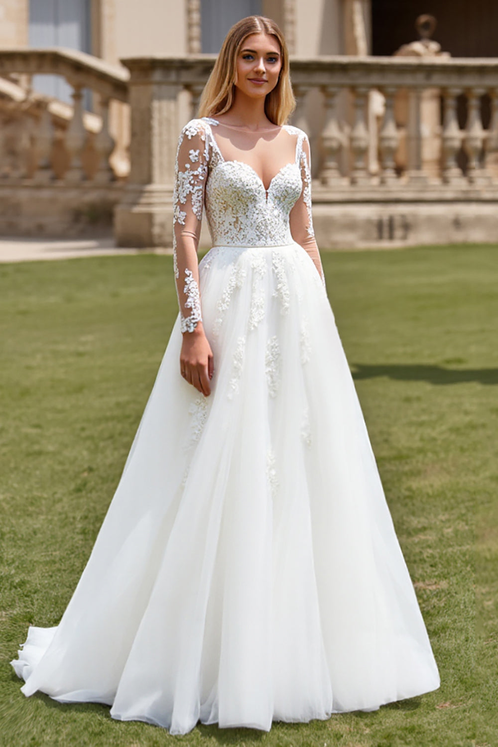White A-Line V Neck Long Sleeves Tulle Long Bridal Dress With Appliques