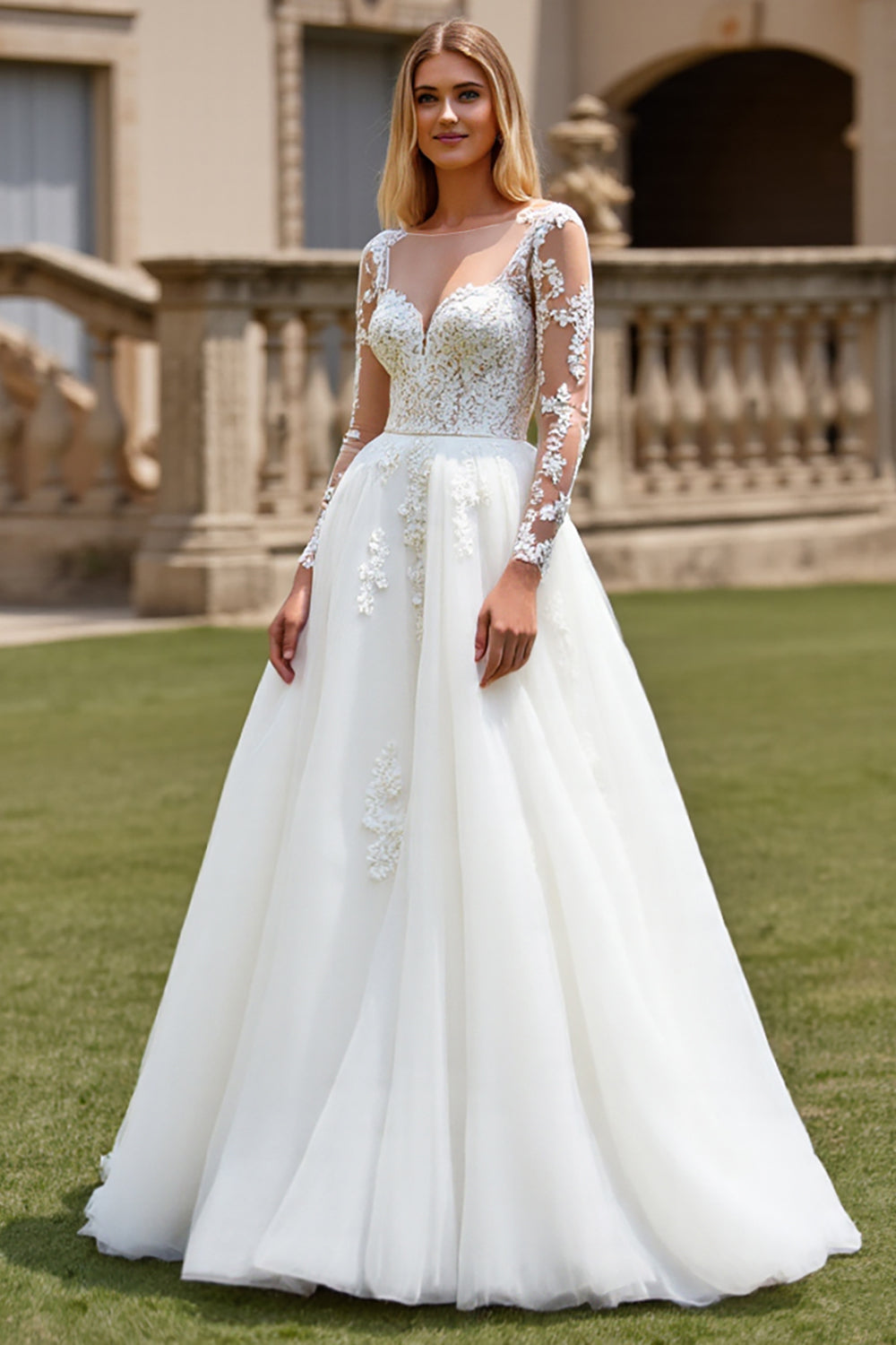 White A-Line V Neck Long Sleeves Tulle Long Bridal Dress With Appliques