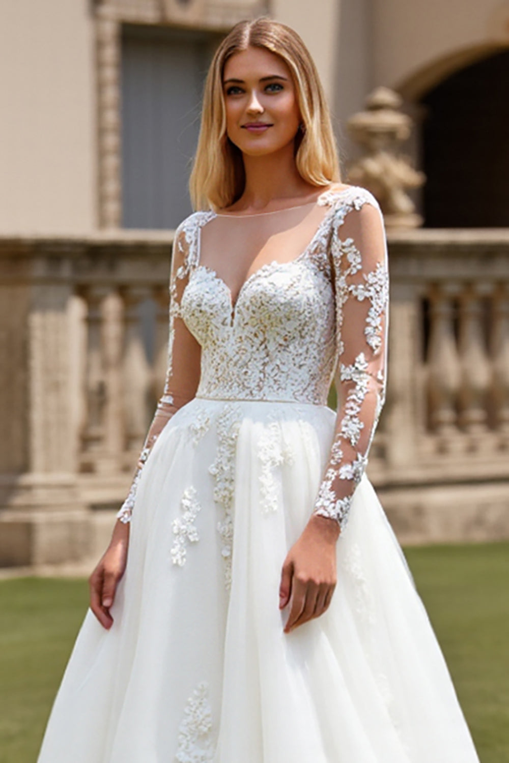 White A-Line V Neck Long Sleeves Tulle Long Bridal Dress With Appliques