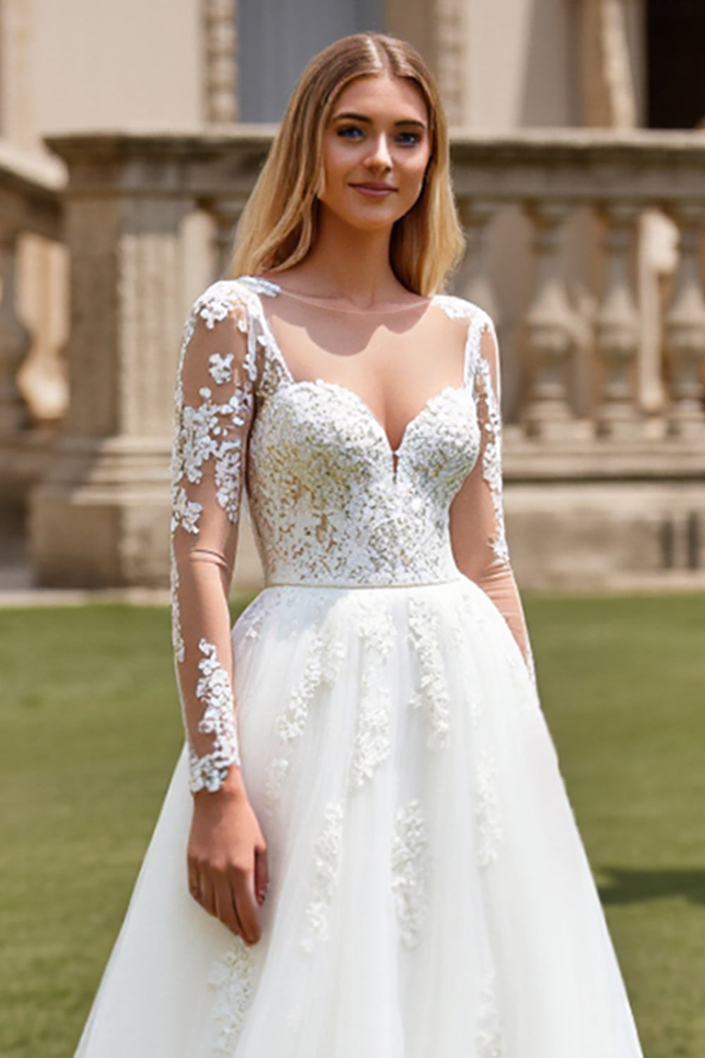 White A-Line V Neck Long Sleeves Tulle Long Bridal Dress With Appliques
