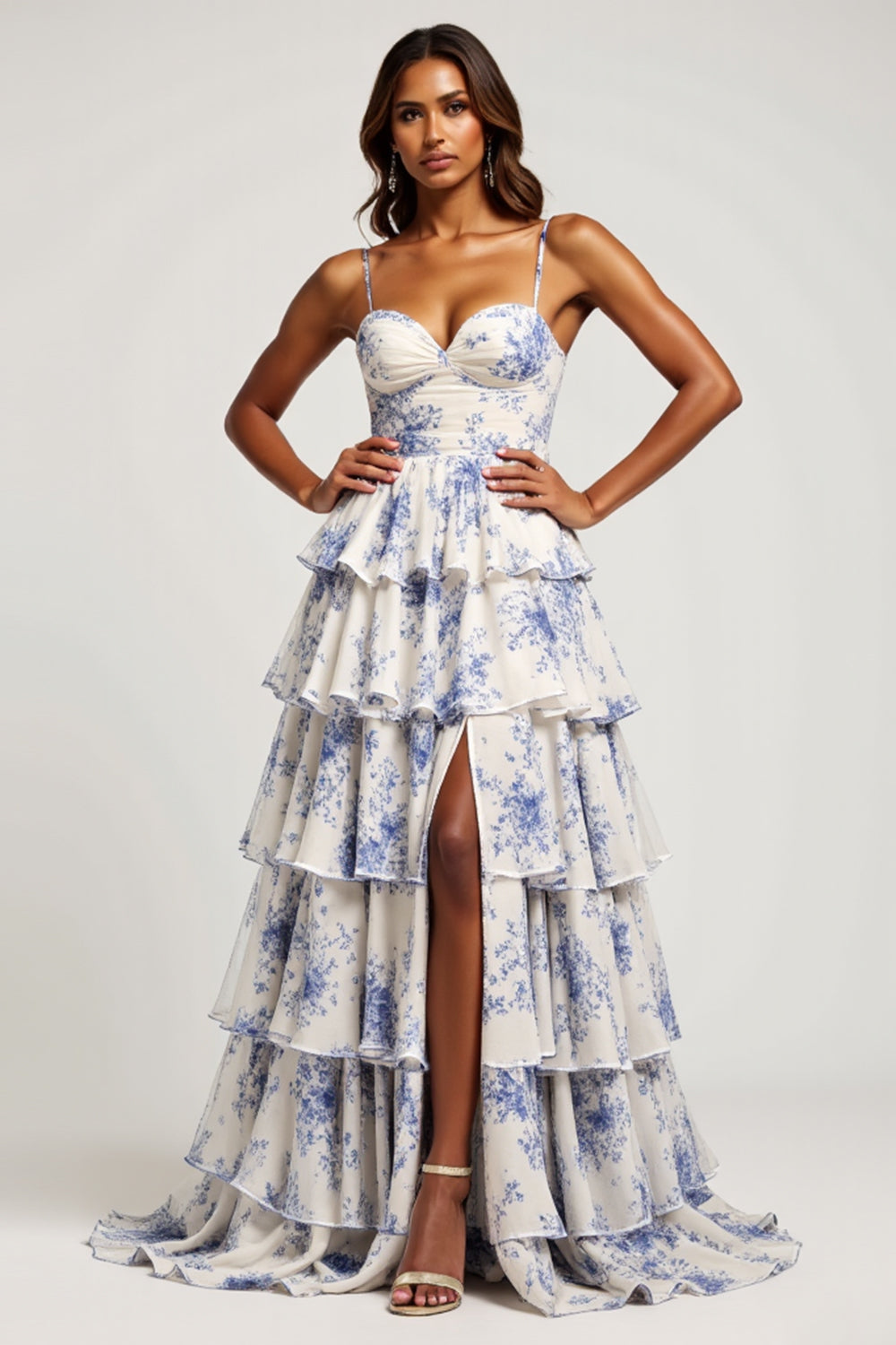 Blue Floral Tiered A Line Ruffled Long Prom Dress with Slit