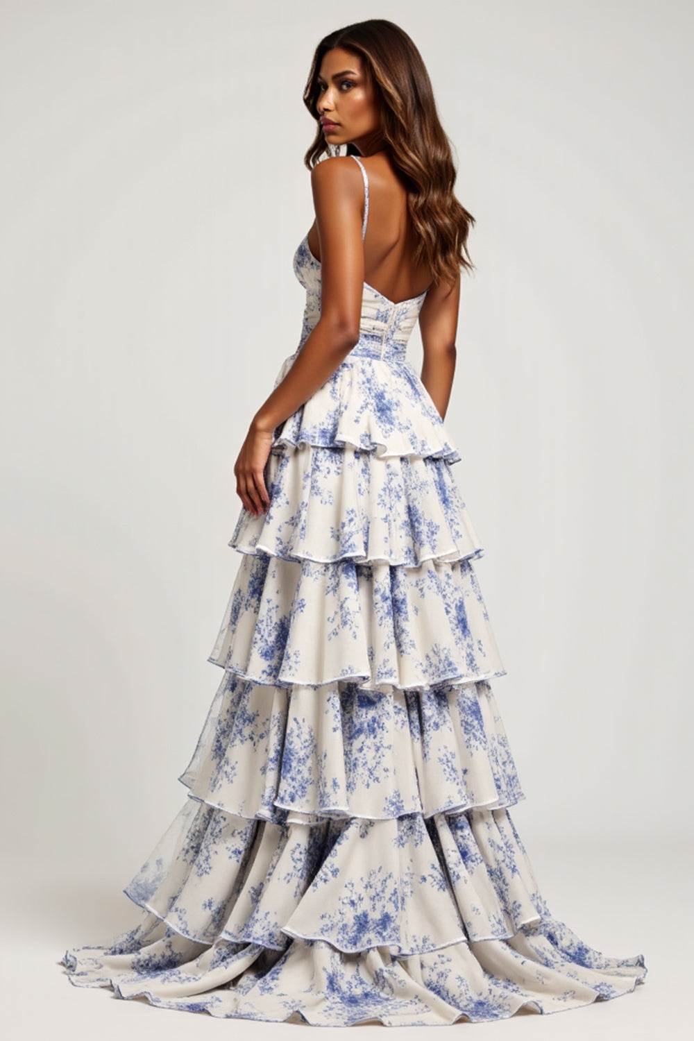 Blue Floral Tiered A Line Ruffled Long Prom Dress with Slit