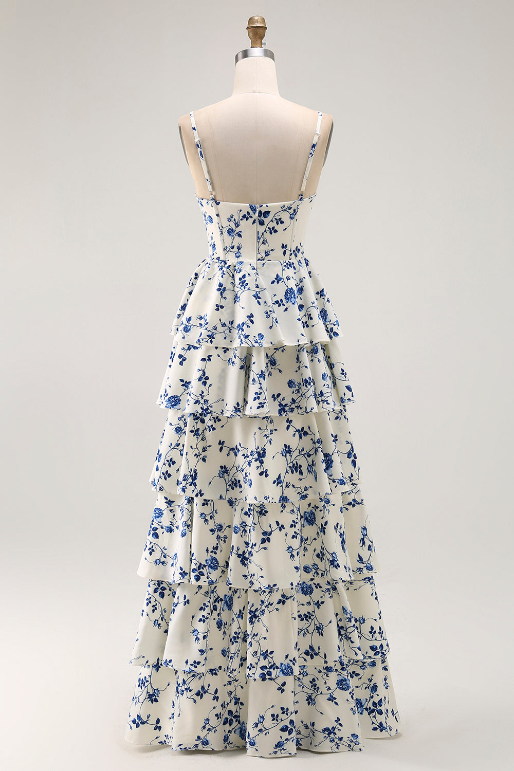 Blue Floral Tiered A Line Ruffled Long Prom Dress with Slit