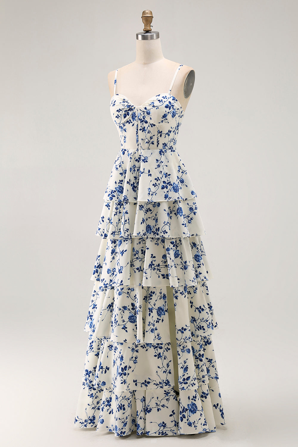 Blue Floral Tiered A Line Ruffled Long Prom Dress with Slit