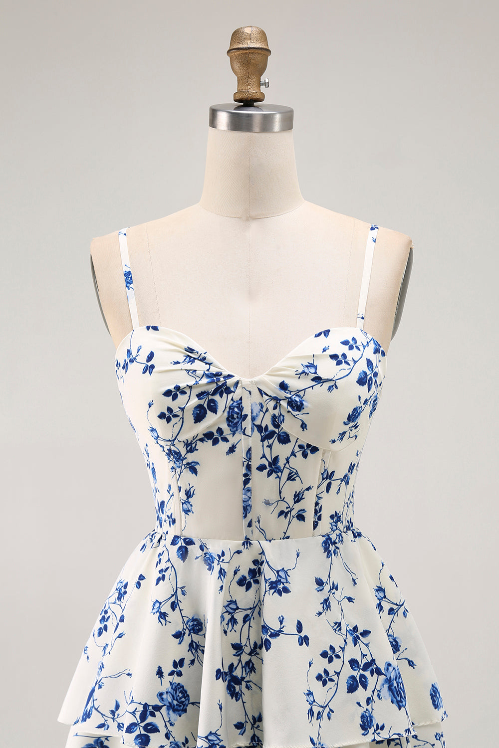 Blue Floral Tiered A Line Ruffled Long Prom Dress with Slit
