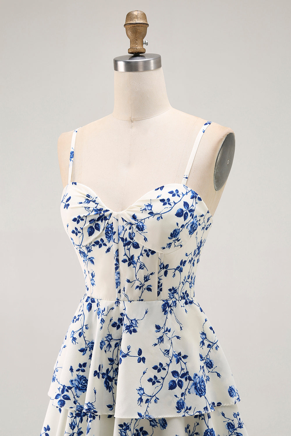Blue Floral Tiered A Line Ruffled Long Prom Dress with Slit