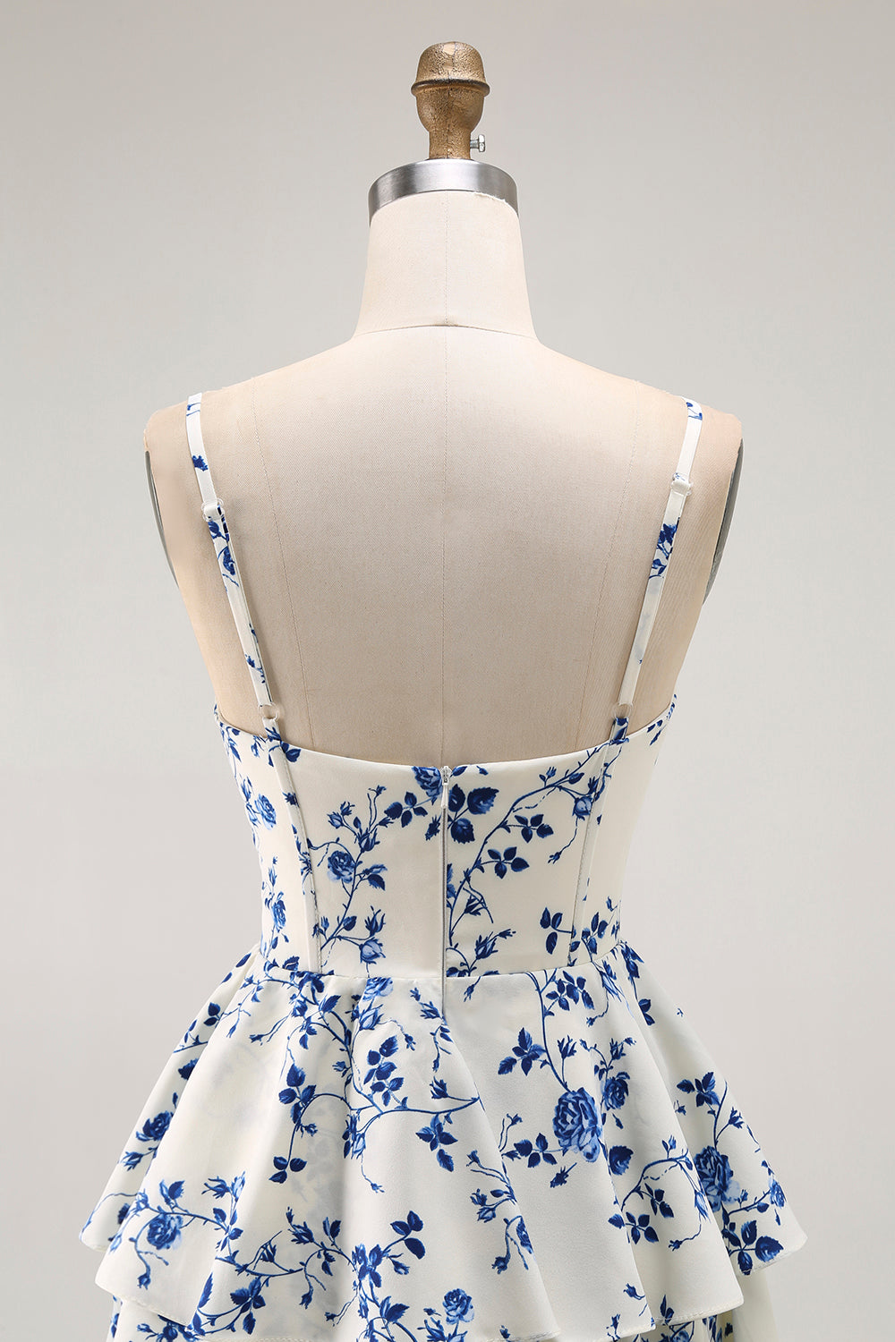 Blue Floral Tiered A Line Ruffled Long Prom Dress with Slit