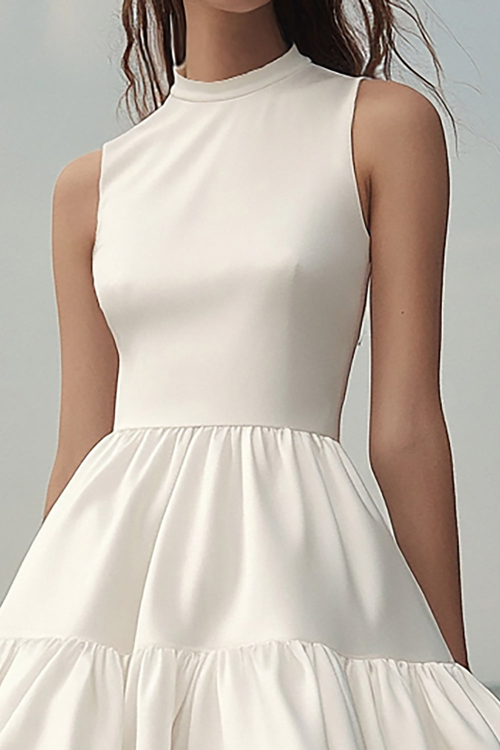 A Line White Satin Mini Sleeveless Graduation Dress