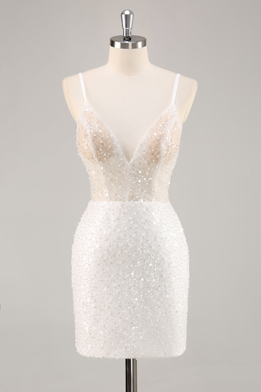 Sparkly White Sheath Mini Deep V-Neck Graduation Homecoming Dress