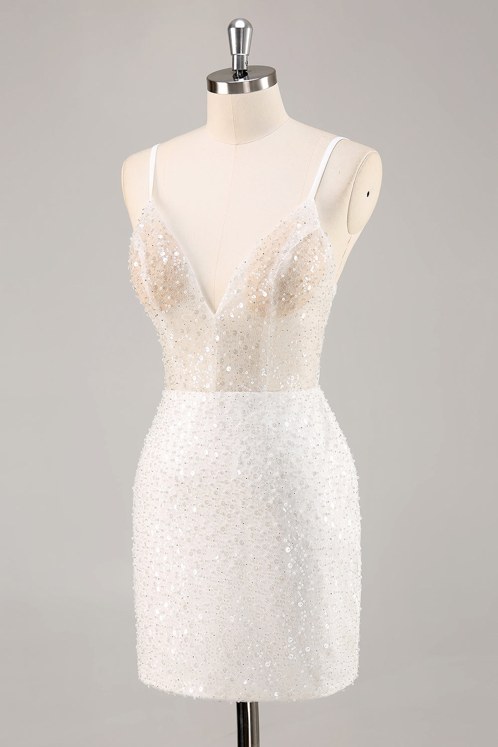 Sparkly White Sheath Mini Deep V-Neck Graduation Homecoming Dress