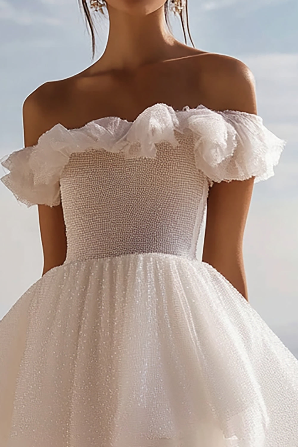 White Sequins Mini Off the Shoulder Graduation Dress