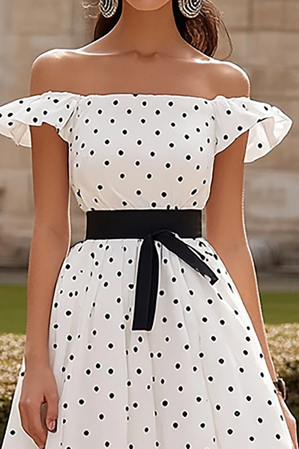 White Off The Shoulder A Line Satin Wedding Guest Dress with Black Dots