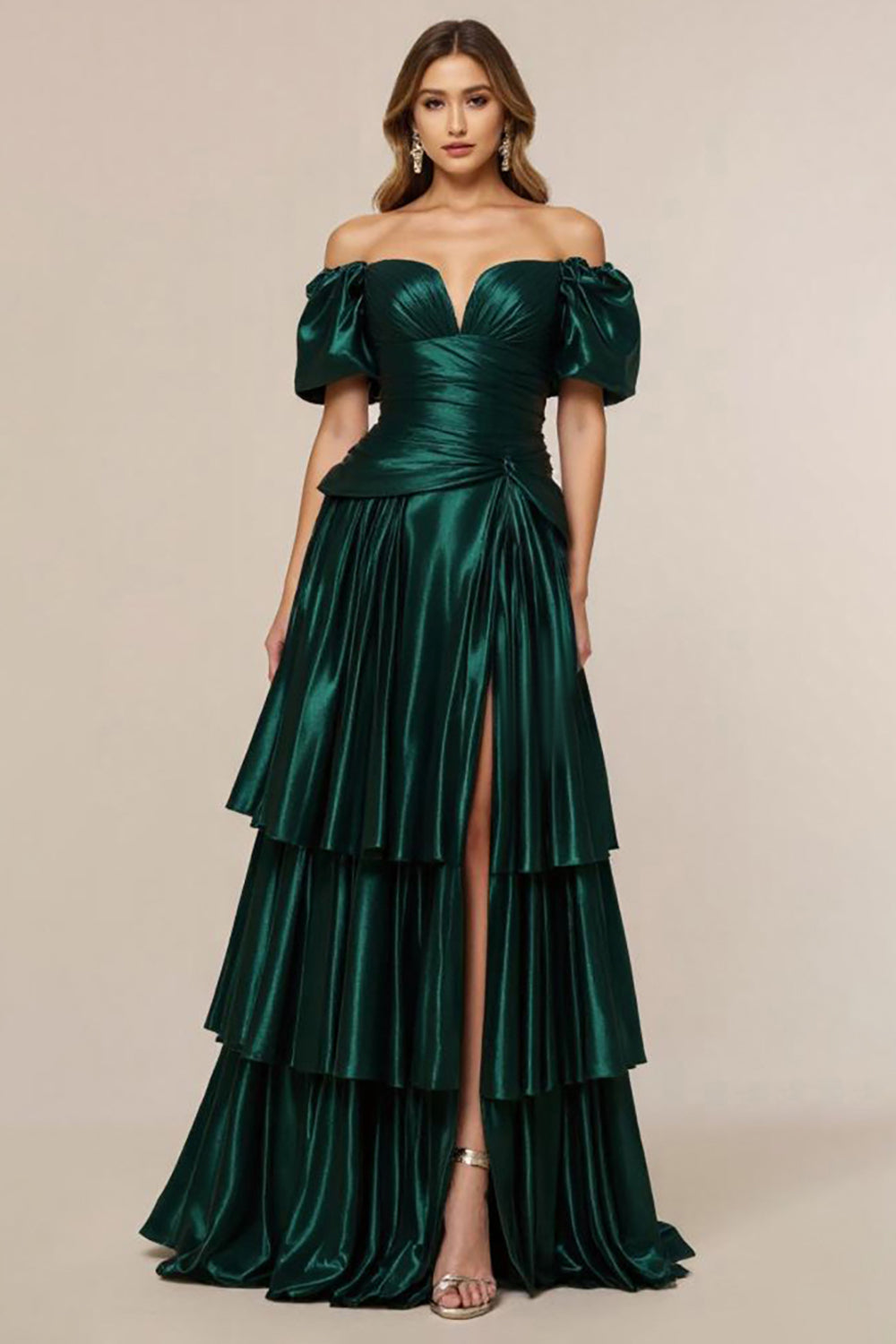 Off the Shoulder Dark Green A Line Tiered Satin Prom Dress - Fashionpara