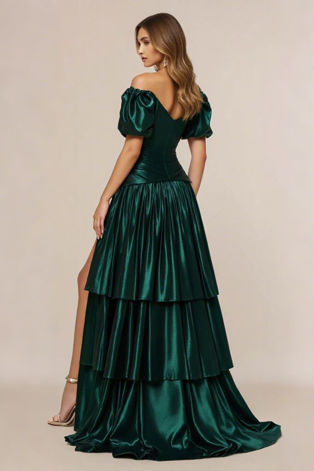 Off the Shoulder Dark Green A Line Tiered Satin Prom Dress - Fashionpara