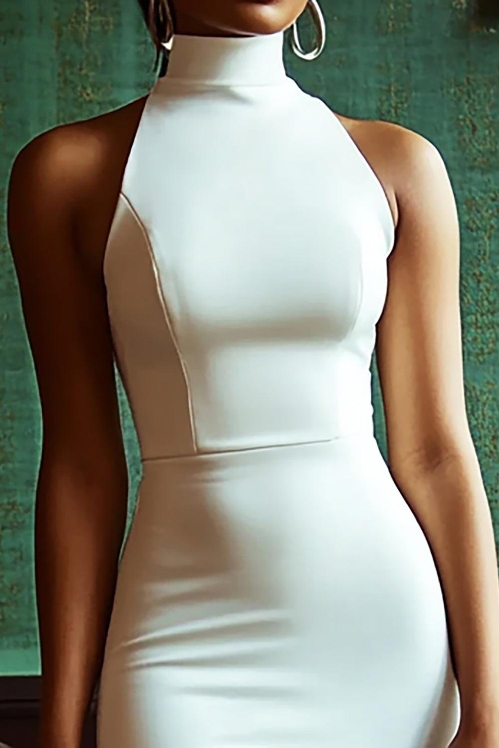 White Satin High Neck Bodycon Midi Graduation Dress