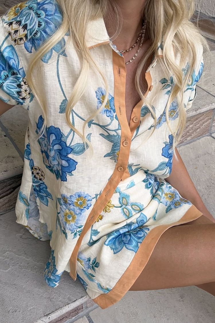 Giselle Linen Blend Floral Print Short Sleeve Shirt and Zipper Mini Skirt Set - Fashionpara