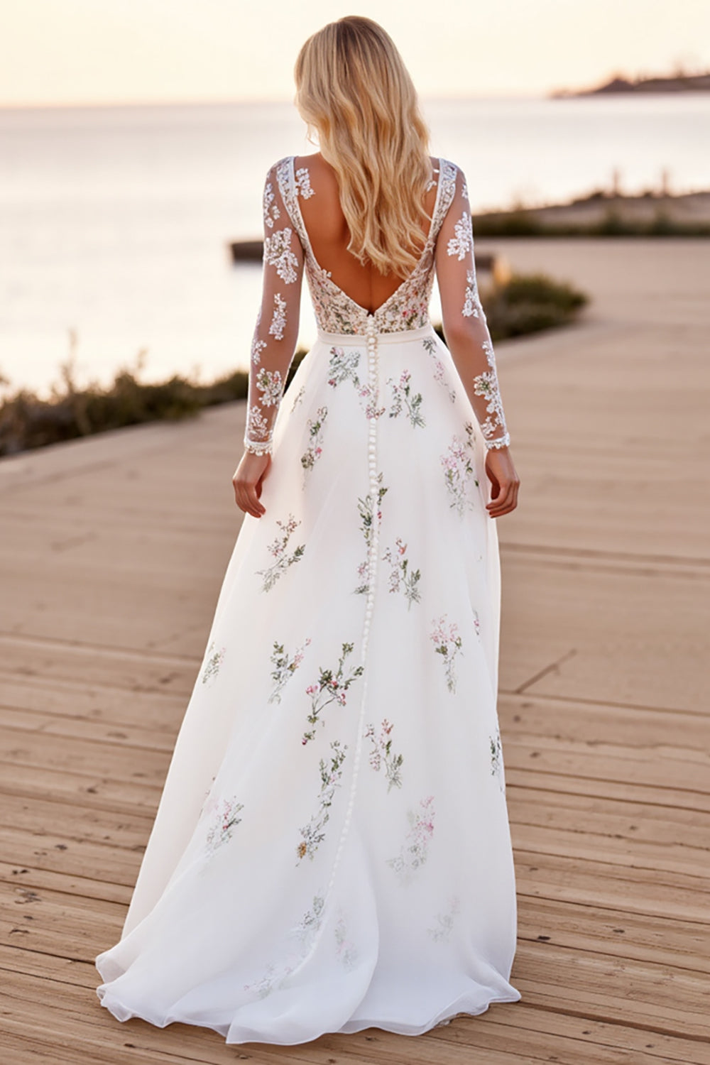 Appliqued A Line White Wedding Dress with Long Sleeves