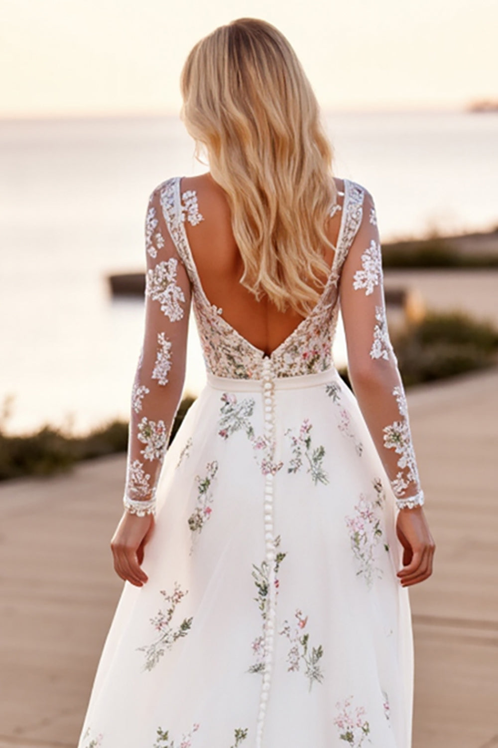 Appliqued A Line White Wedding Dress with Long Sleeves