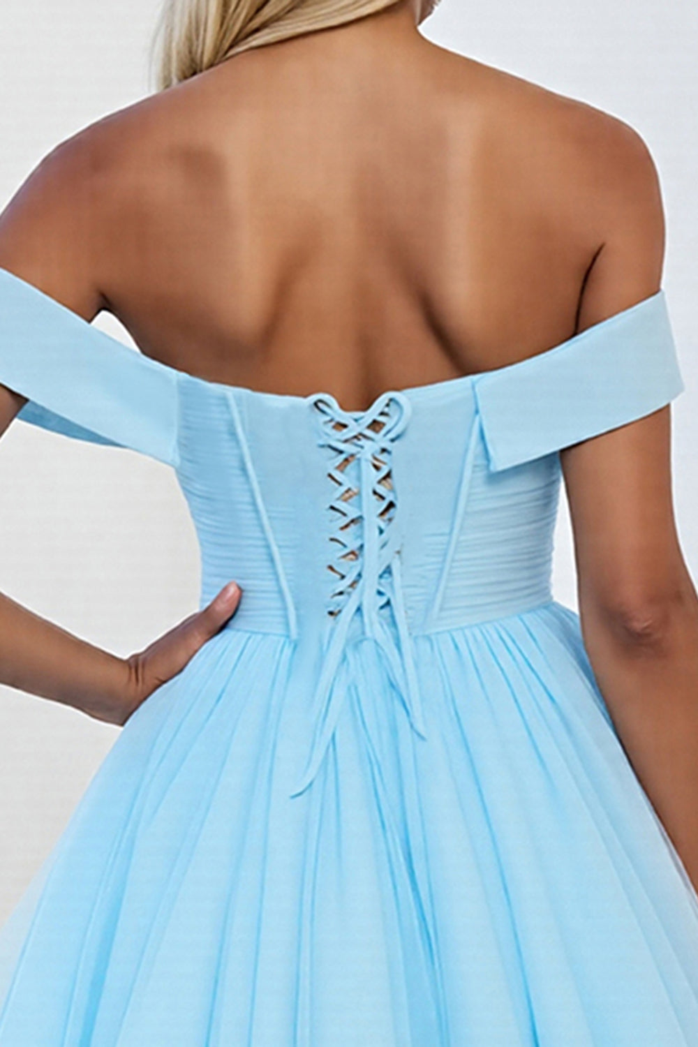 Light Blue Tulle Off the Shoulder Short A Line Homecoming Dress