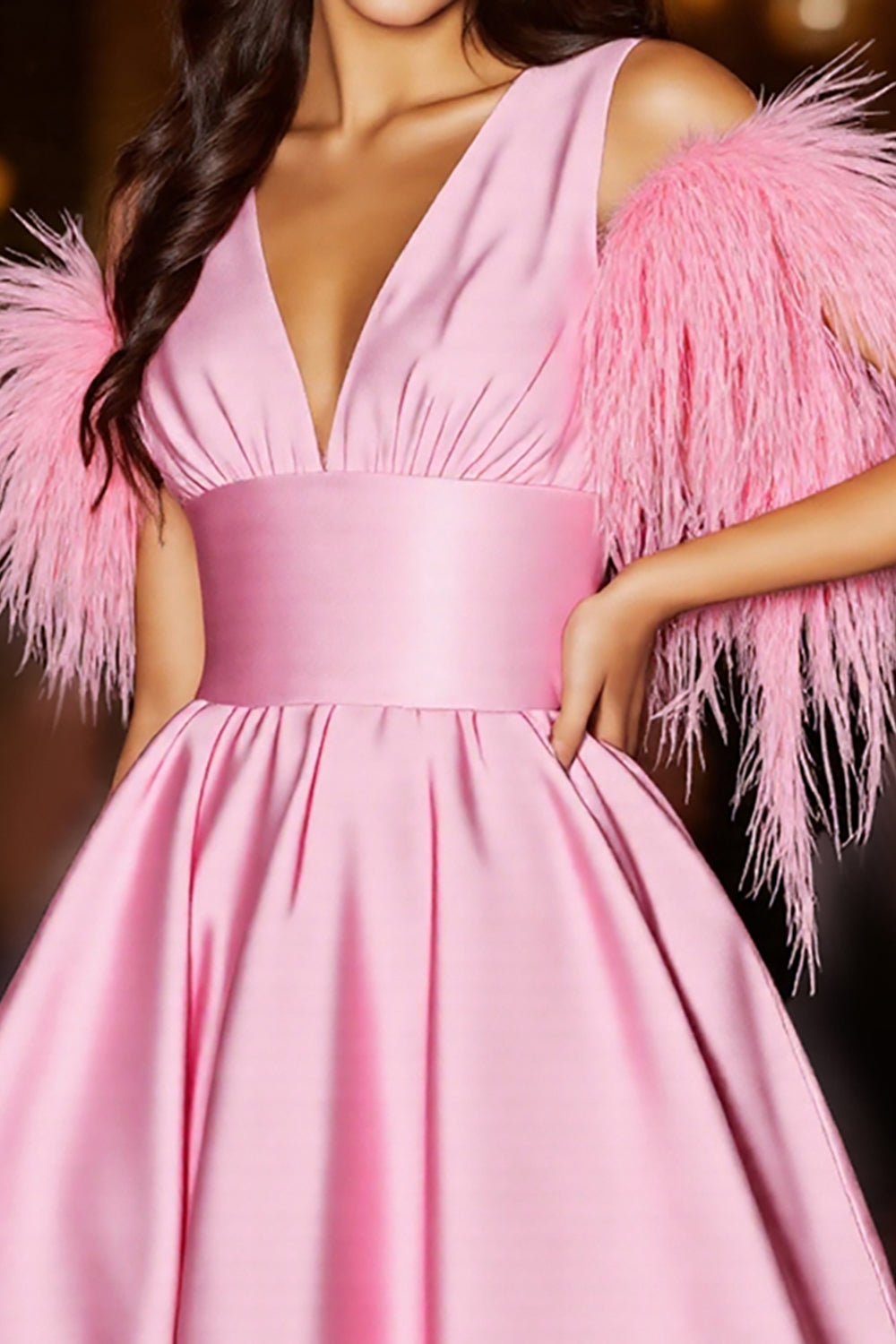 Pink V-Neck Satin Short Homecoming Dress with Feathers