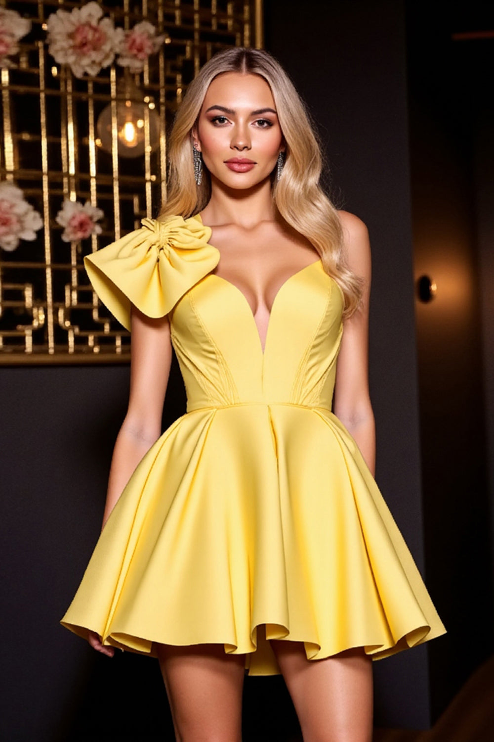 Yellow A Line Satin Short Homecoming Dress with Ruffles