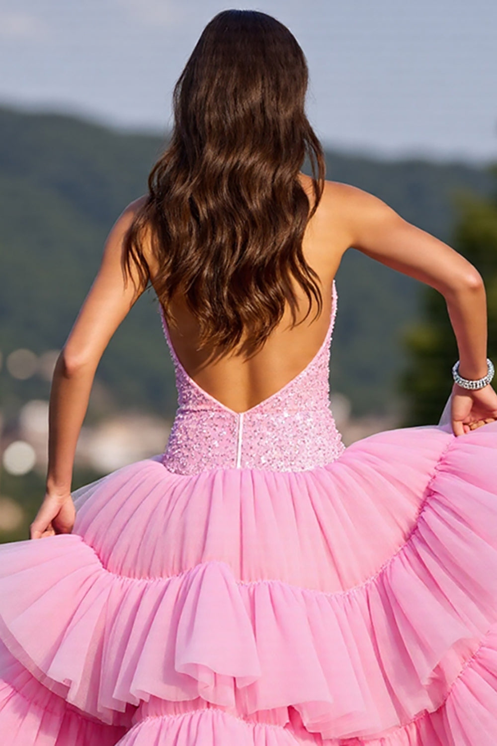 Sparkly Pink Corset Tulle High-Low Ruffled Homecoming Dress with Beading