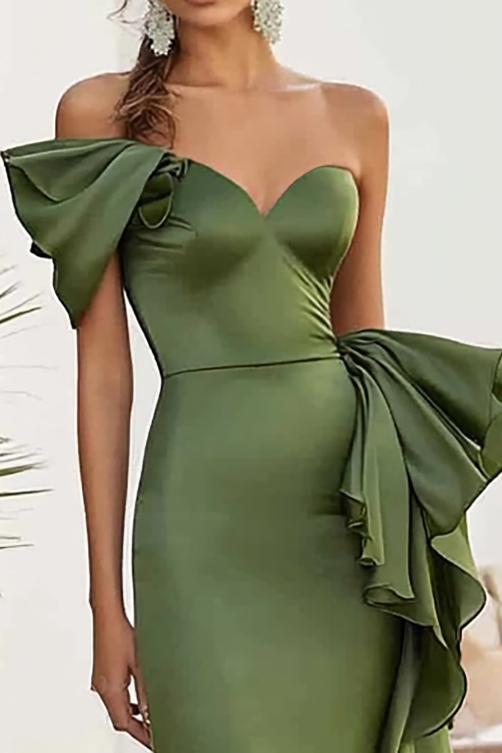 Olive Satin One Shoulder Mermaid Long Prom Dress with Ruffles - Fashionpara