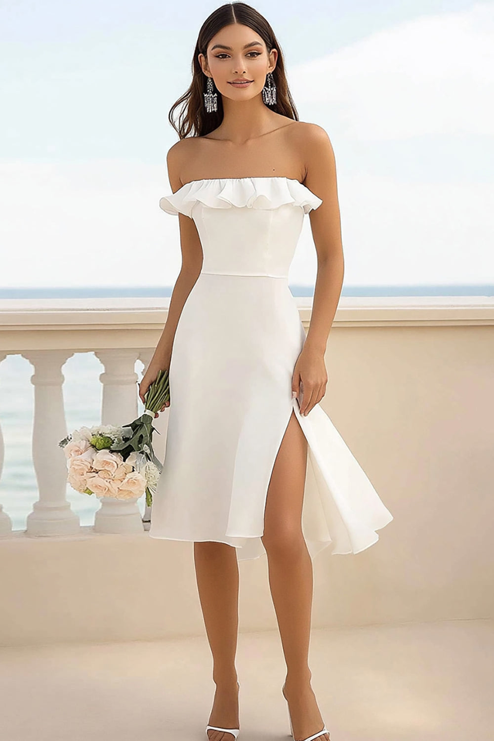 White Sheath Ruffled Strapless Graduation Dress with Slit