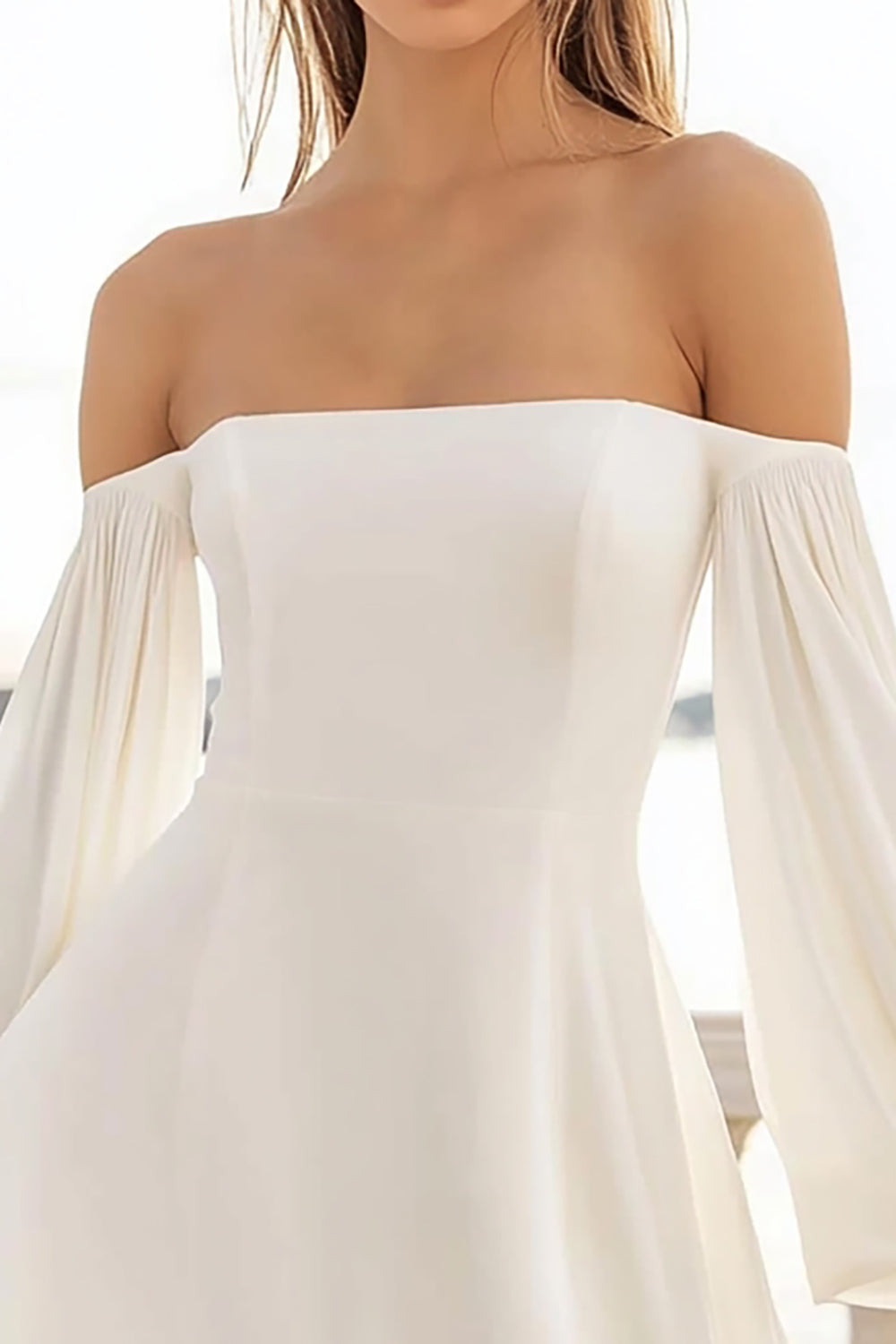 White A Line Satin Short Graduation Dress with Long Sleeves