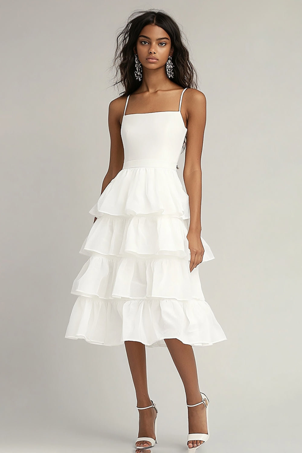 Ivory Tiered Spaghetti Straps Graduation Dress with Ruffles
