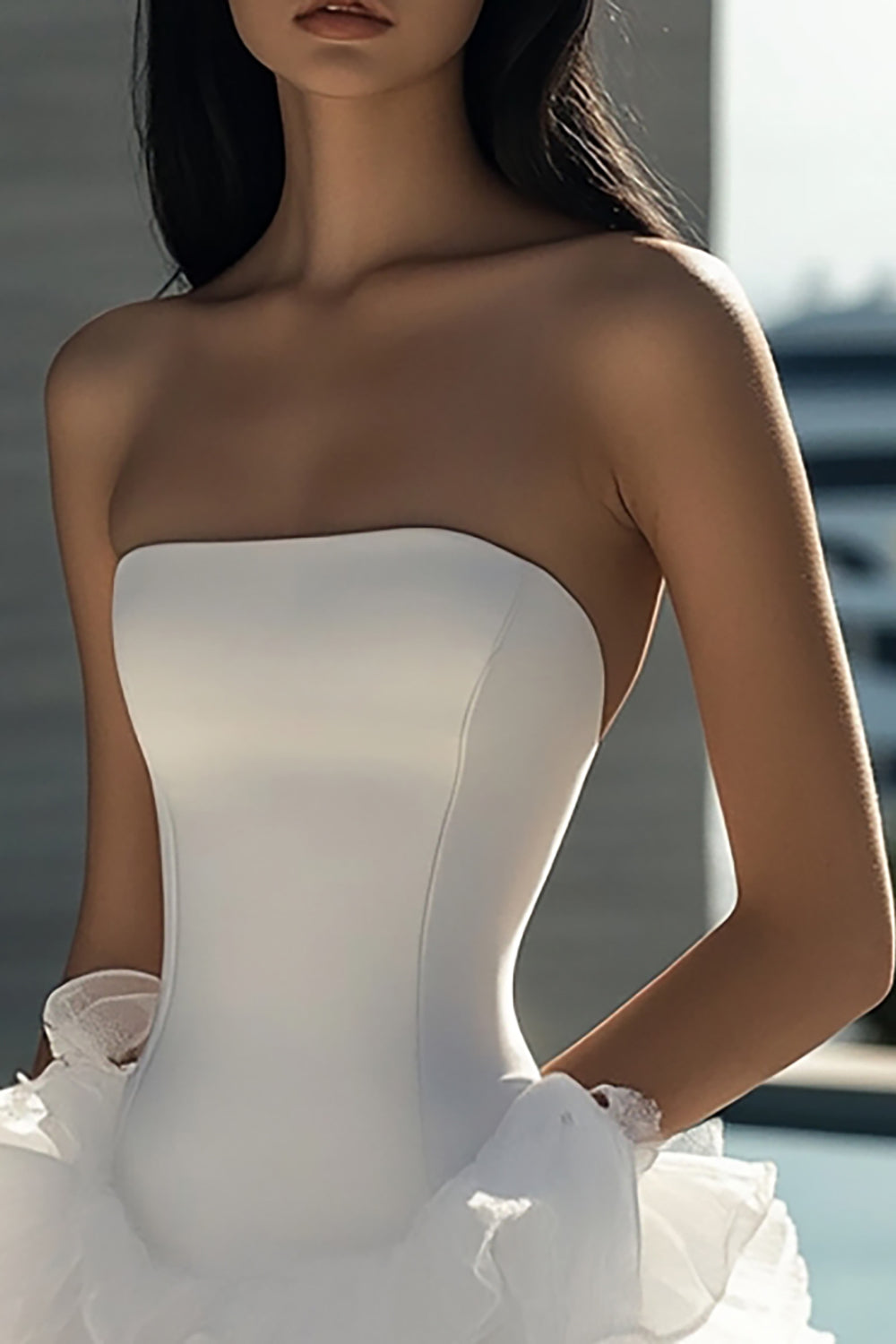 White A Line Strapless Short Satin Graduation Homecoming Dress with Ruffles