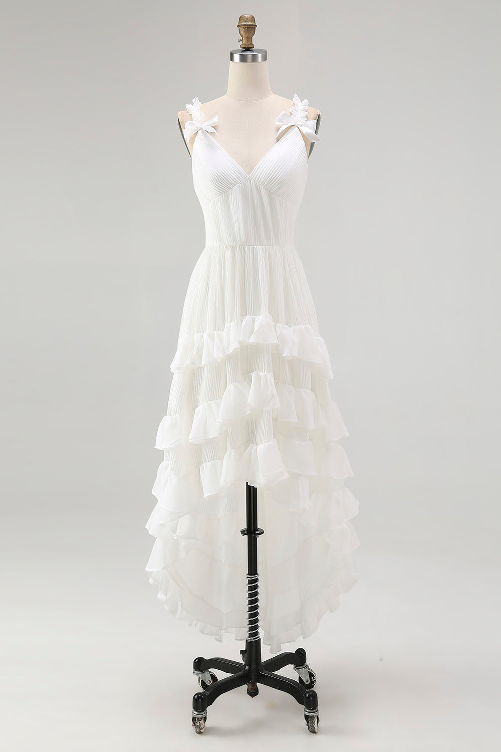 Ivory Tiered Ruffled A Line V-Neck High-Low Western Wedding Dress