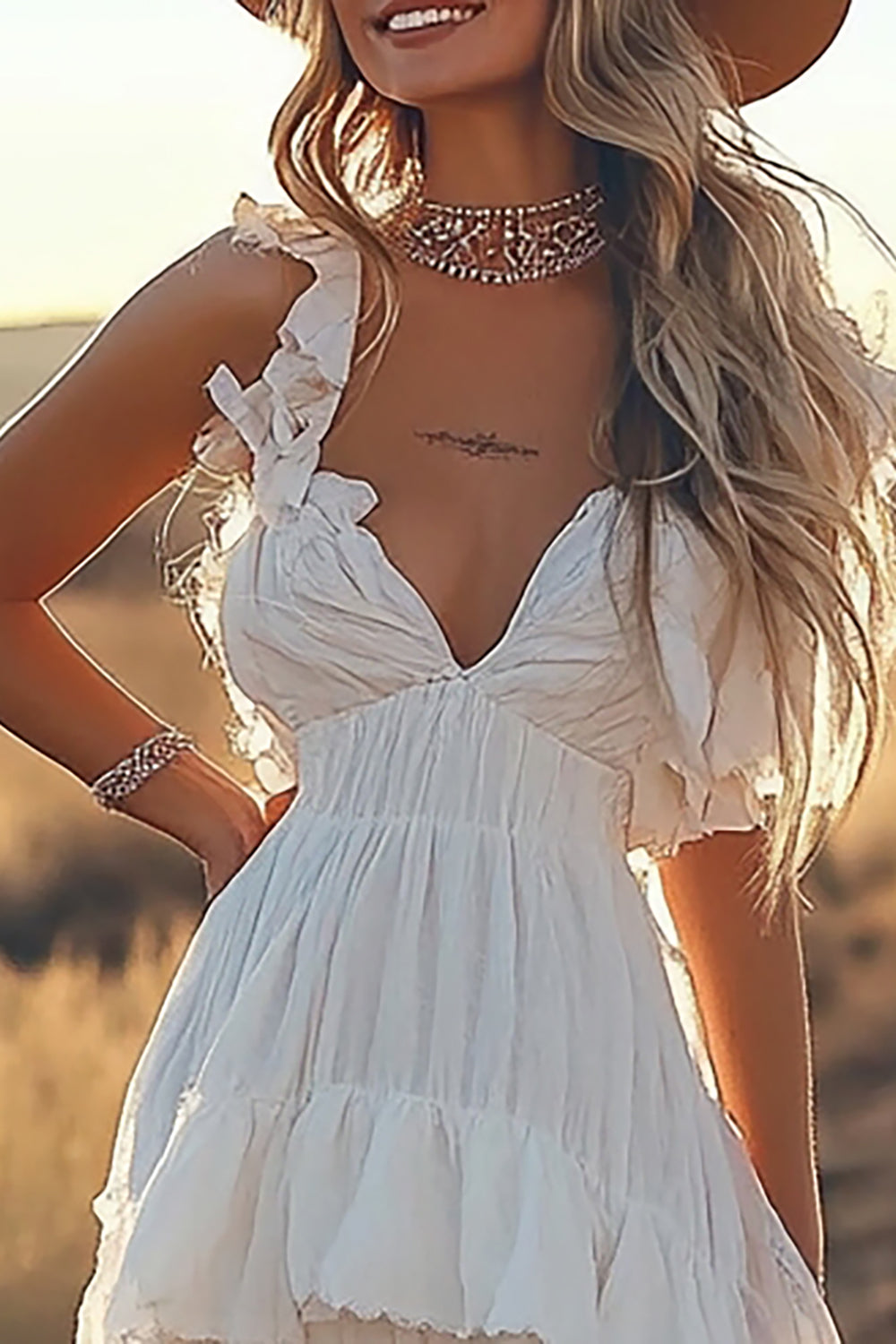 Ivory Tiered Ruffled A Line V-Neck High-Low Western Wedding Dress