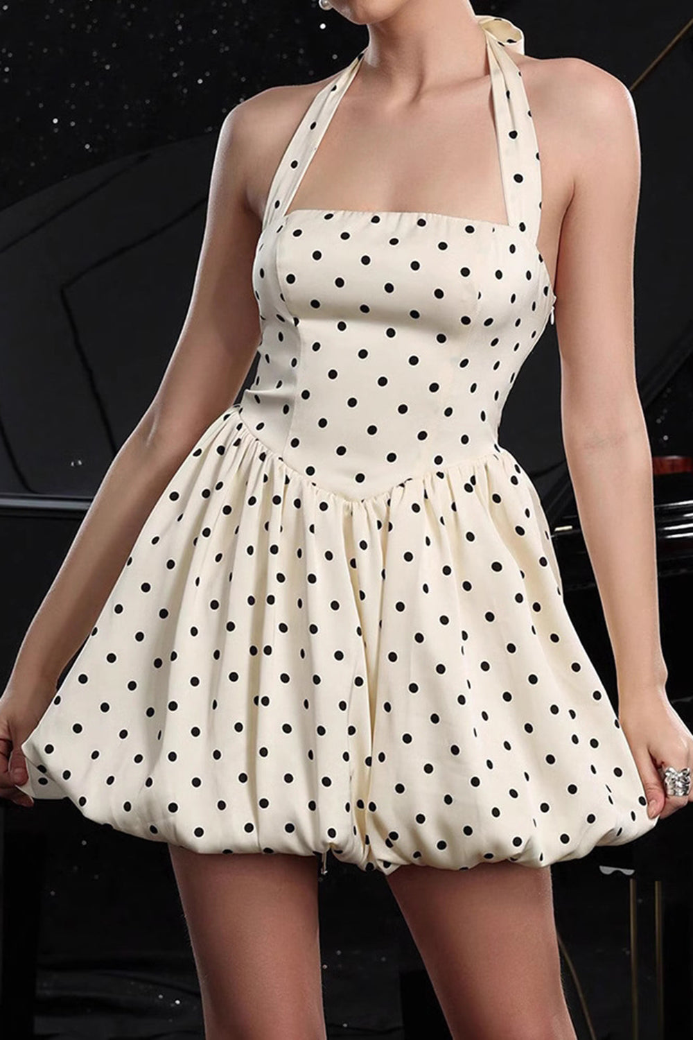 Black and White Polka Dots A Line Halter Short Vintage Homecoming Dress