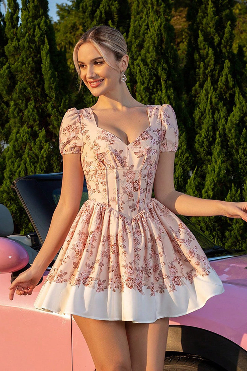 Blush A Line Corset Floral Short Vintage Homecoming Dress with String