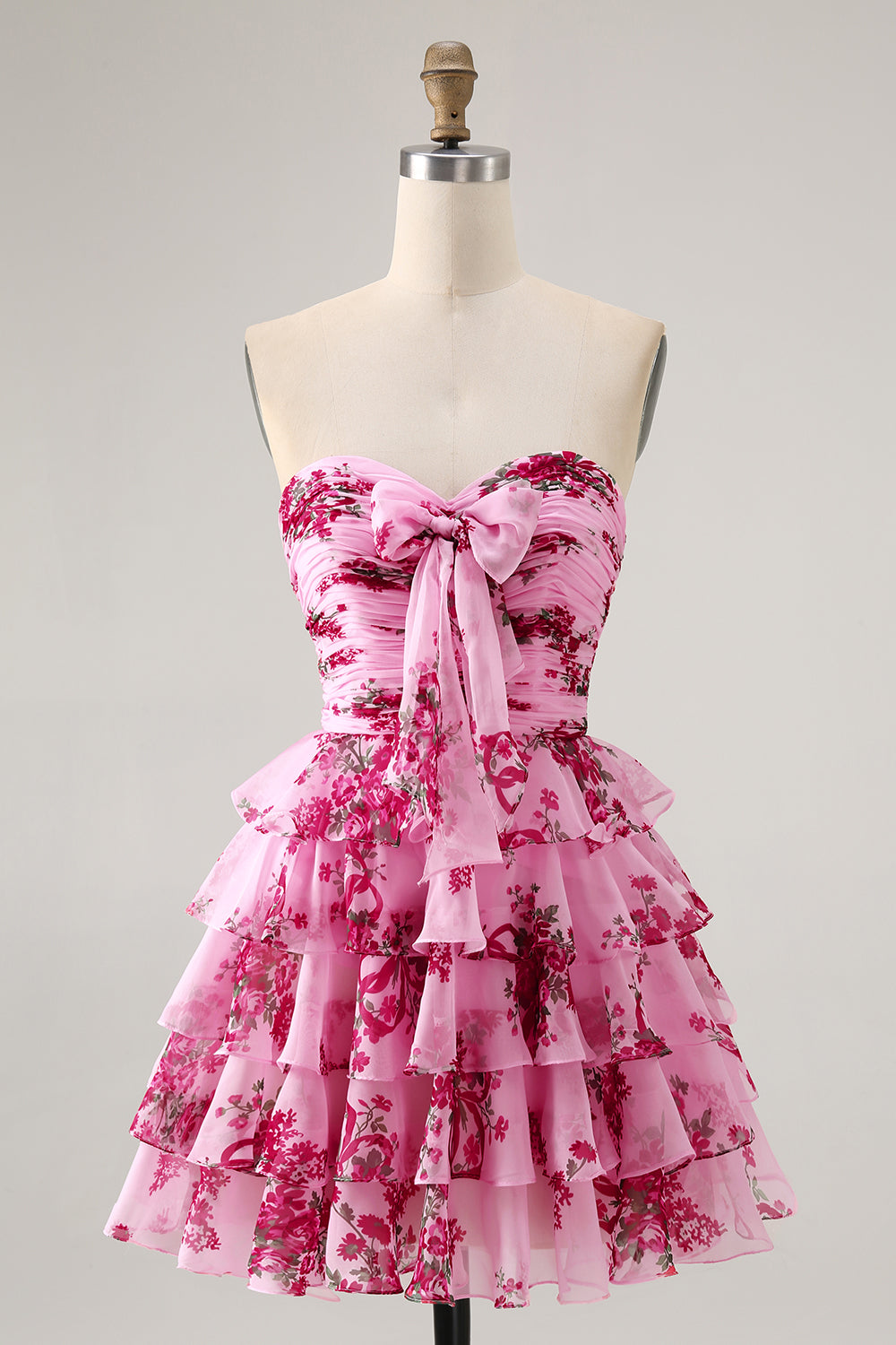 White Blue Flower A-line Strapless Tiered Mini Homecoming Dress with Front Bow