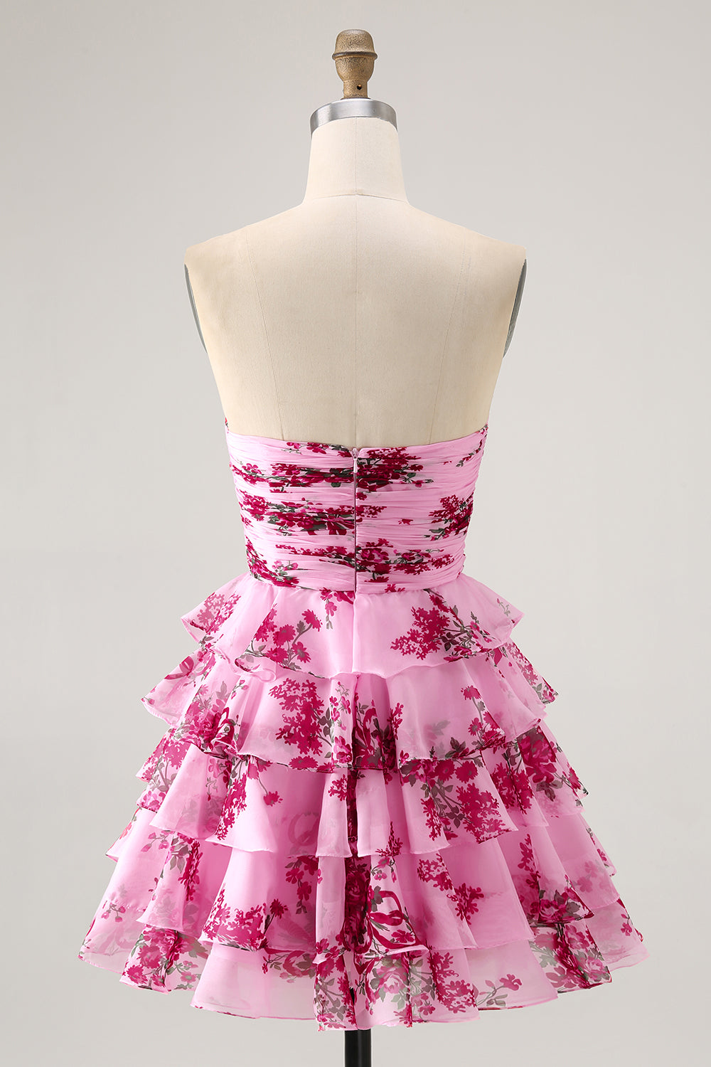 White Blue Flower A-line Strapless Tiered Mini Homecoming Dress with Front Bow
